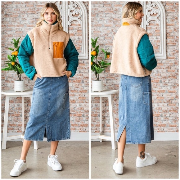 Sherpa Fleece Quilted Puffer Sleeve Cropped Half Zip Pullover Jacket Beige Combo - Picture 7 of 10